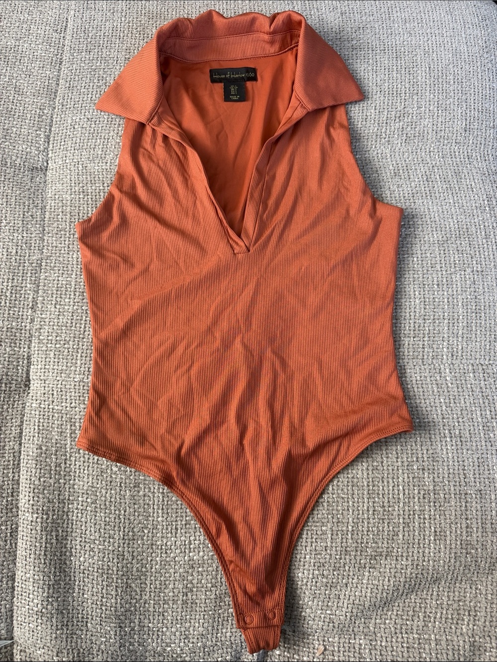 House of Harlow 1960 Orange Ribbed Sleeveless Polo Bodysuit